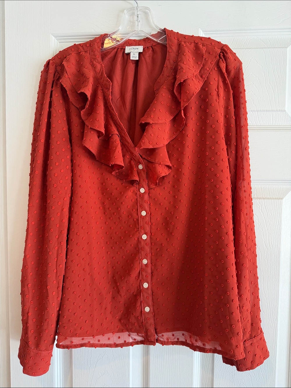 J. Crew Red Ruffle Dot Button-Down Blouse